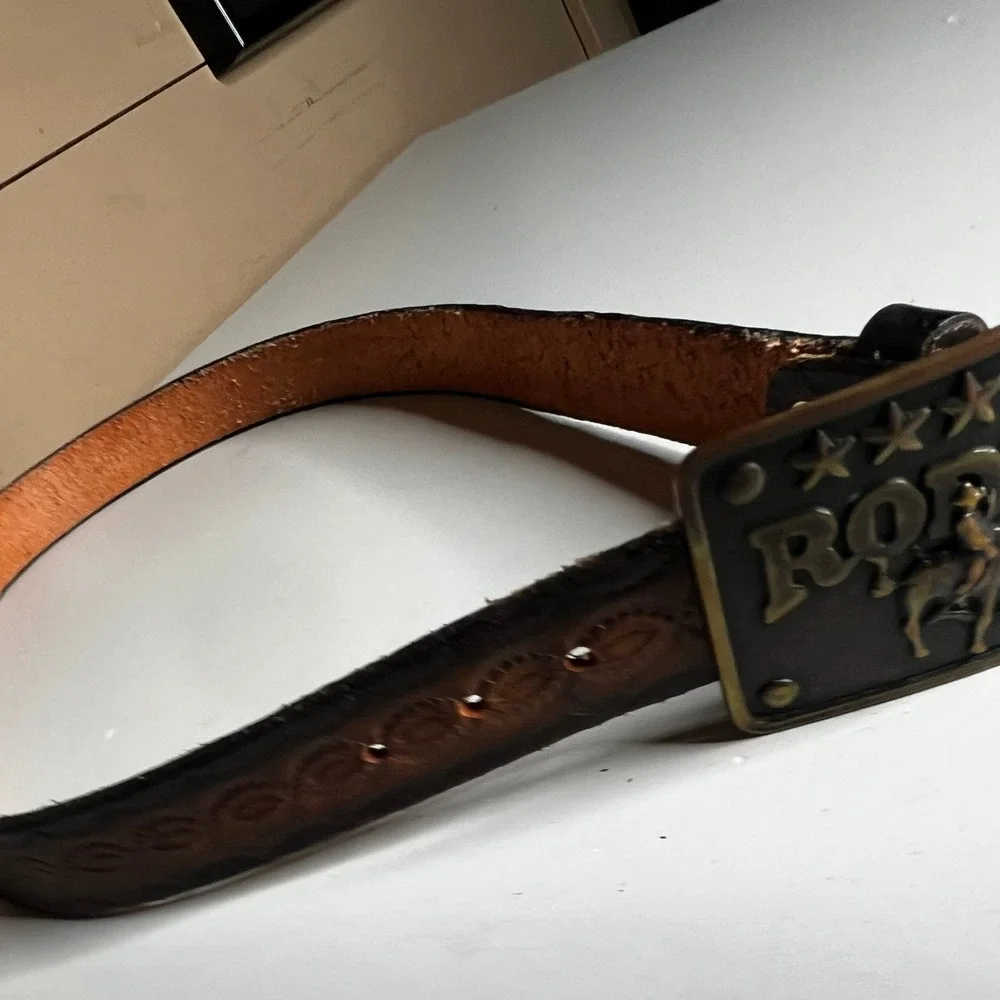Vintage Tooled Leather Rodeo Belt Bucking Bronco Brass Buckle Brown Mens 38 in